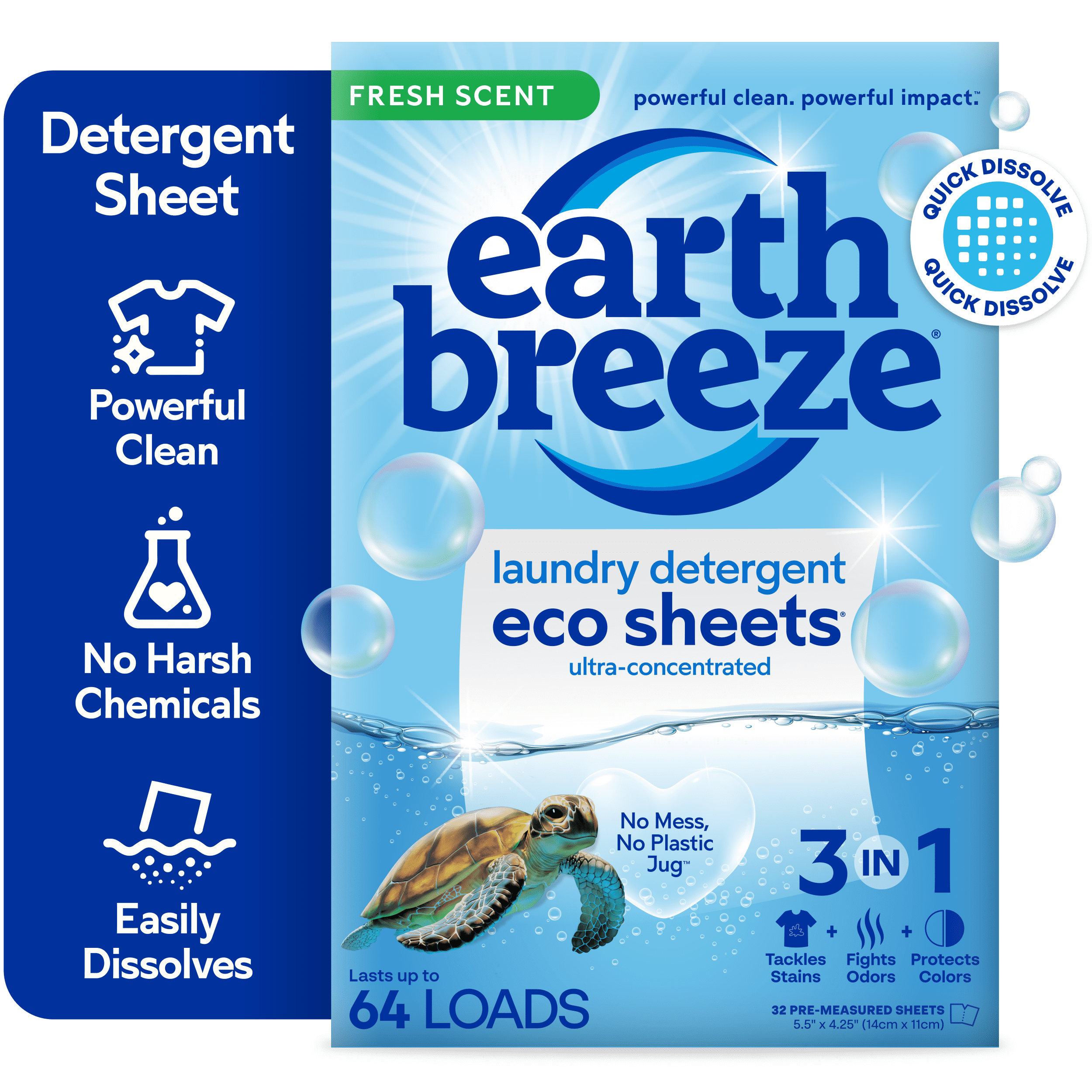 Earth Breeze Laundry Detergent Sheets, Fresh Scent Eco Sheets, 32 Count, 64 Loads