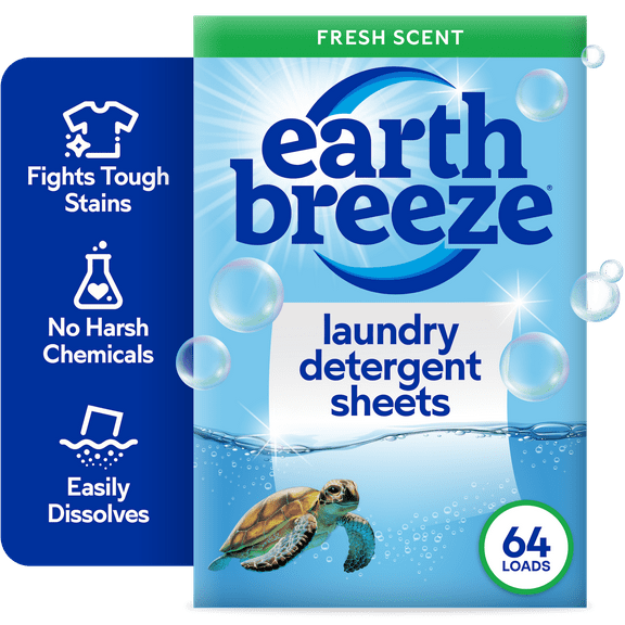 Earth Breeze Laundry Detergent Sheets, Fresh Scent Eco Sheets, 32 Count, 64 Loads