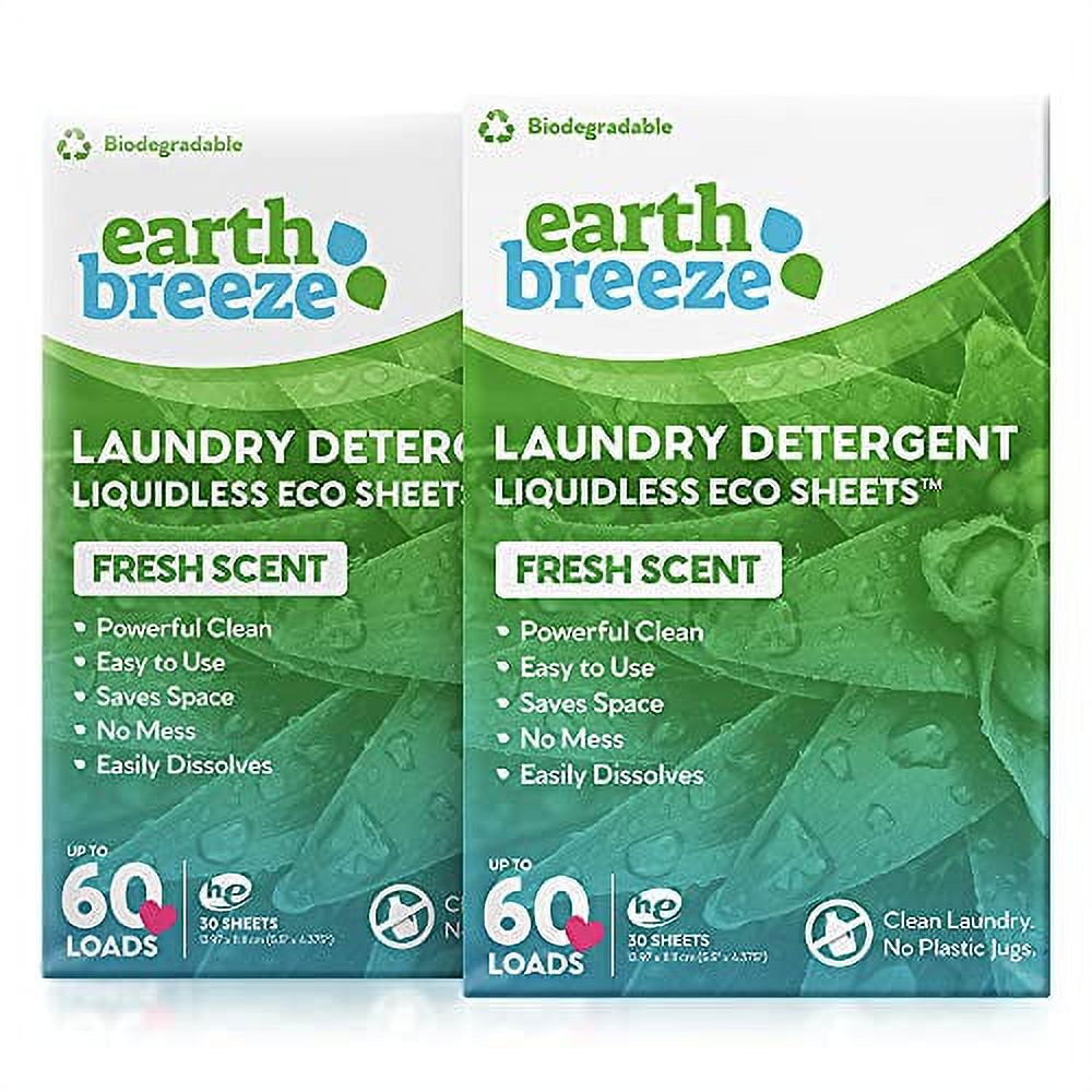 Earth Breeze - Laundry Detergent Sheets, Liquidless Technology - Fresh  Scent (120 Loads) - Same Clean, No Mess - No Plastic Jug (Pack of 2) 60  Sheets