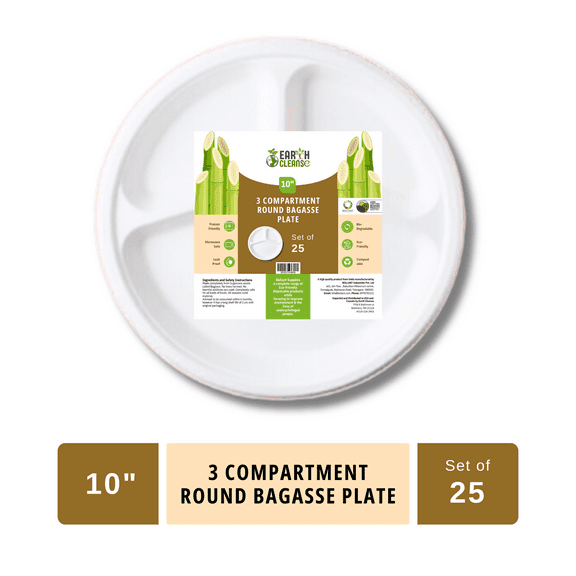 Earth Cleanse Bagasse 10-Inch 3-Compartment Round Plates ,Pack of 25