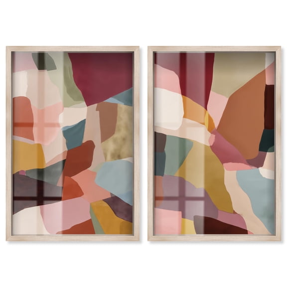 Earth Contours Duet Shadowbox Print Modern Abstract Art Set by Art Remedy, Blonde Frame, 10 x 15
