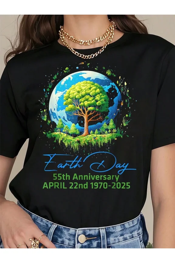 Earth Day 55th Anniversary 2025 Graphic T-Shirt Retro Nature Tree Planet Eco-Friendly Environmental Awareness Short Sleeve Tee