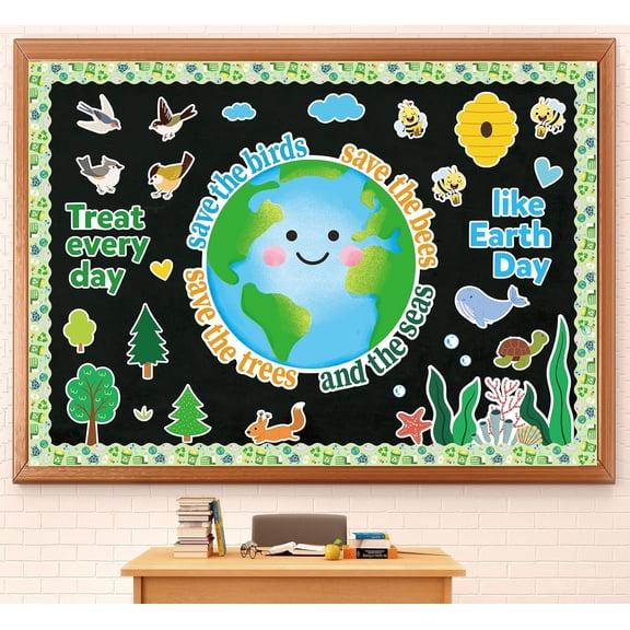 Earth Day Bulletin Board Classroom Decorations Planet Earth Tree Bird Fish Bee Paper Cutouts for Environmental Protection Home School Office Classroom Chalkboard Wall Decor
