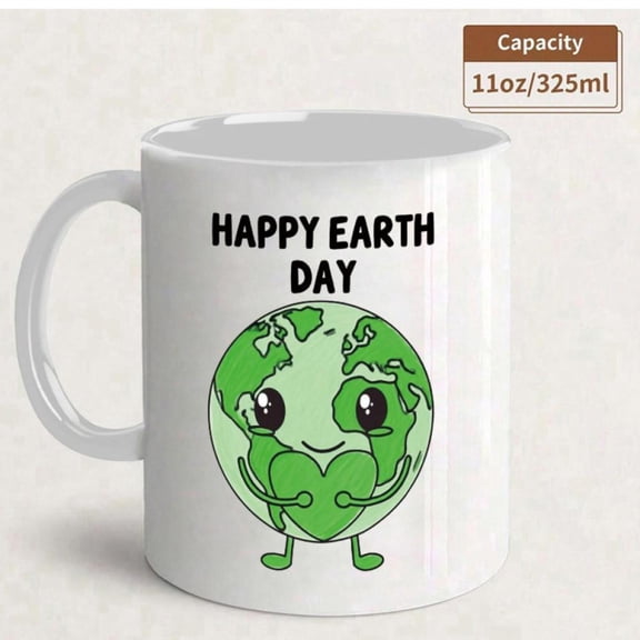 Earth Day Ceramic Mug 11oz Reusable Cup with Cute Earth Character Happy Earth Day Text Green Planet Design Environmentalists Drinkware Office Parties Hand Wash Only s