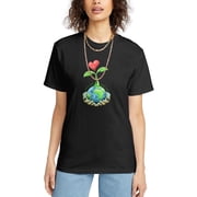 Earth Day Every Day T-Shirt - Womens Eco Friendly Graphic Tee with Hands Holding Globe & Heart Sprout, Vintage Black Short Sleeve Cotton Top for Nature Lovers, Environmentalist Gift