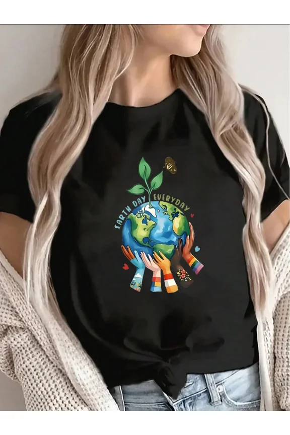 Earth Day Everyday Graphic Tee Women's Retro Eco-Friendly Nature Lover Short Sleeve T-Shirt Casual Sustainable Fashion Top