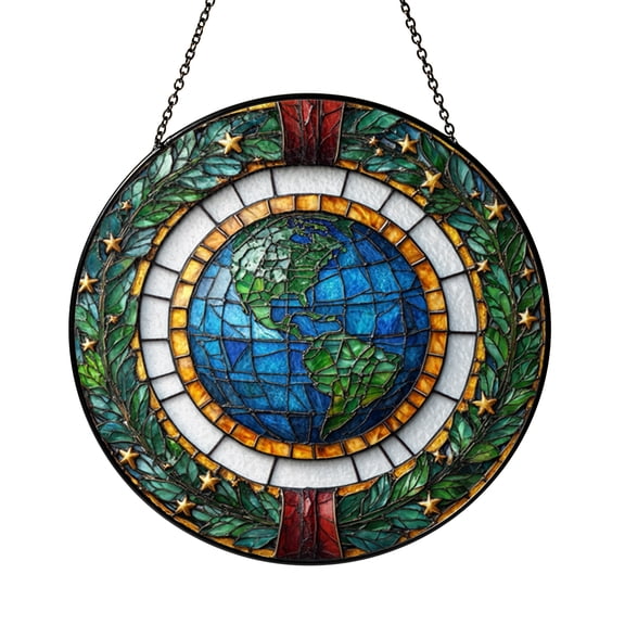 Earth Day Inspired Glass Suncatcher Window Decor, Globe with Laurel Stars Nature Art Hanging, Conscious Living Home Gift