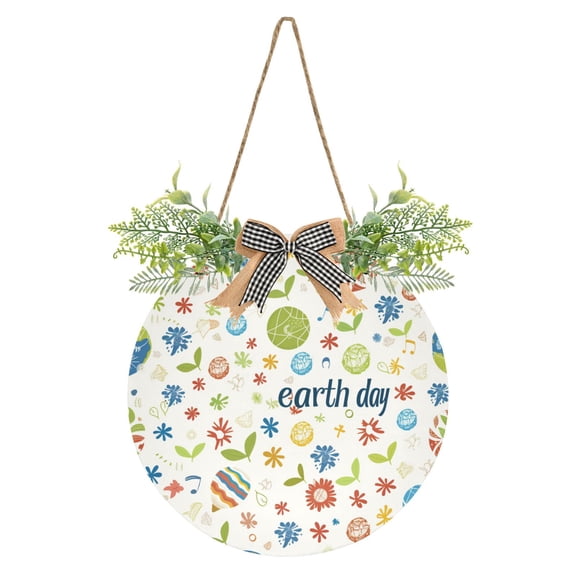 Earth Day Leaf Welcome Front Door Sign Round 12 inch Porch Hanging Sign with Wreath Farmhouse Rustic Garden Decor