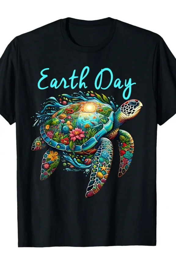 Earth Day Sea Turtle Graphic Tee - Colorful Ocean Nature Artistic T-Shirt for Men and Women - Retro Eco-Friendly Environmental Awareness Apparel