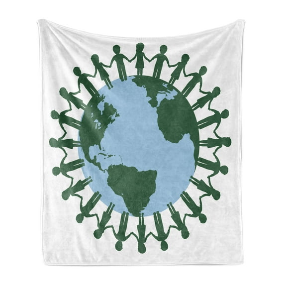 Earth Day Soft Flannel Fleece Throw Blanket, Children United Holding Hands Surrounding Planet Earth, Cozy Plush for Indoor and Outdoor Use, 60" x 80", Sky Blue Green, by Ambesonne