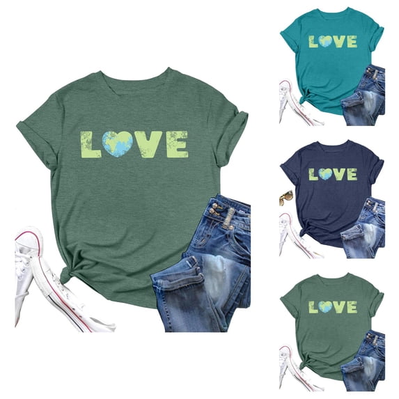 Earth Day T Shirts for Women 2026 Casual Short Sleeve Crewneck Love Letter Graphic Tees