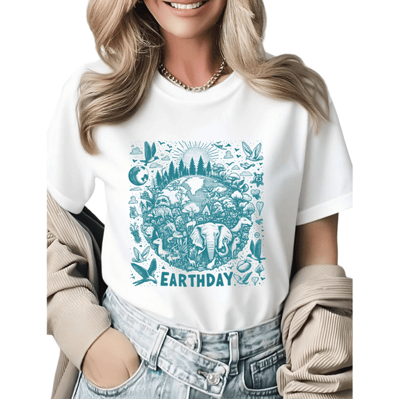 Earth Day Teal Wildlife Animals Graphic Tees Womans Tshirt Shirts Black White S-5XL Tops