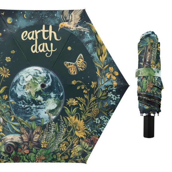 Earth Day Wreath Bird Compact Sun Umbrella Windproof Travel Umbrellas for Rain Strong Portable UV Protection