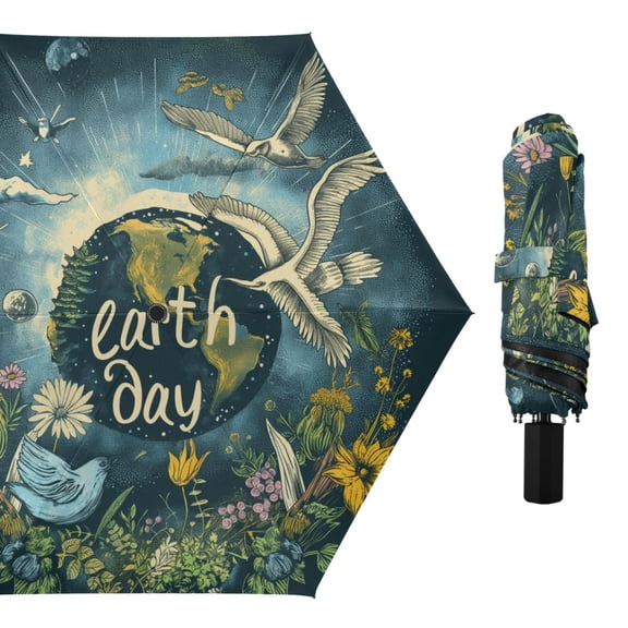 Earth Day Wreath Compact Sun Umbrella Windproof Travel Umbrellas for Rain Strong Portable UV Protection