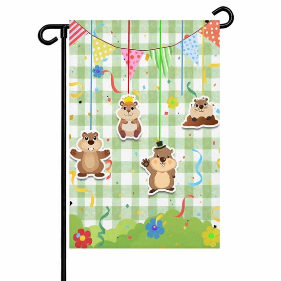 The Earth Dial Mouse Day Garden Flag 12x18 Inch Cute Triangular Flags Flowers Green Plaid Double Sided Small Decorative Garden Flags for Outside, Outdoor Yard Porch Lawn Decoration