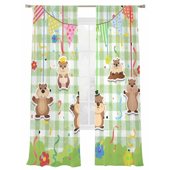 The Earth Dial Mouse Day Sheer Curtains 2 Panels Set Cute Triangular Flags Flowers Green Plaid Sheer Window Curtains Light Filtering Rod Pocket Voile Drapes for Bedroom Living Room 52"X84"