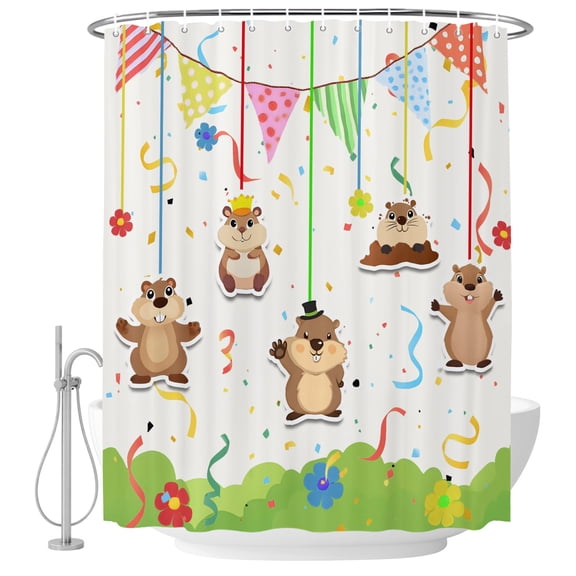 The Earth Dial Mouse Day Shower Curtain for Bathroom, Cute Triangular Flags Flowers Beige Waterproof Cloth Fabric Bathroom Accessories Set with 9 Rust Proof Plastic Hooks, 36"x72"
