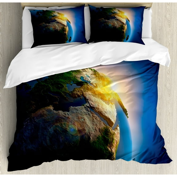 Earth Duvet Cover Set, Early Morning Rising Sun Scenery in Outer Space Day's Cycle Calm Idyllic Vivid, Decorative 3 Piece Bedding Set with 2 Pillow Shams, Calking Size, Blue Green Yellow, by Ambesonne