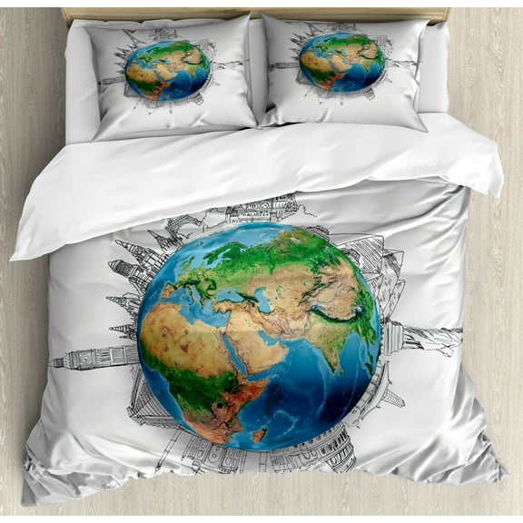 Earth Duvet Cover Set, Globe of Planet Earth Realistic Continents Geography Theme Pencil Sketch, Decorative 3 Piece Bedding Set with 2 Pillow Shams, King Size, Blue Green Pale Brown, by Ambesonne