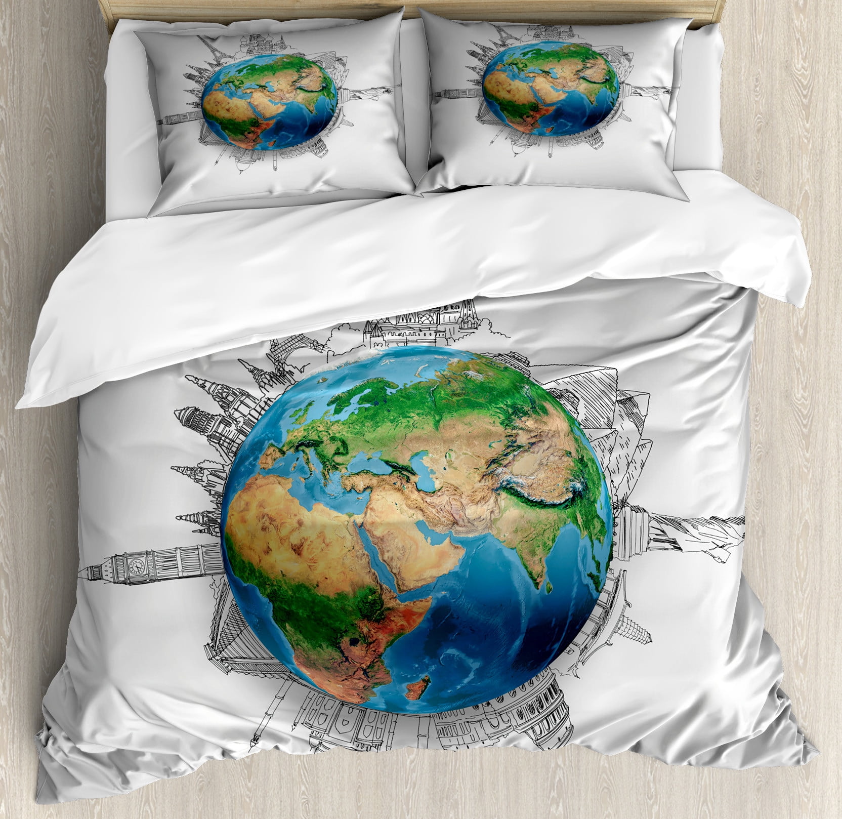 Earth Duvet Cover Set, Globe of Earth Realistic Continents
