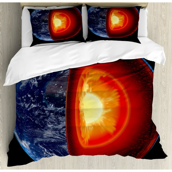 Earth Duvet Cover Set, Hot Burning Earth Core Structure with Geological Vibrant 3D Style Image, Decorative 3 Piece Bedding Set with 2 Pillow Shams, Calking Size, Orange Black Blue, by Ambesonne