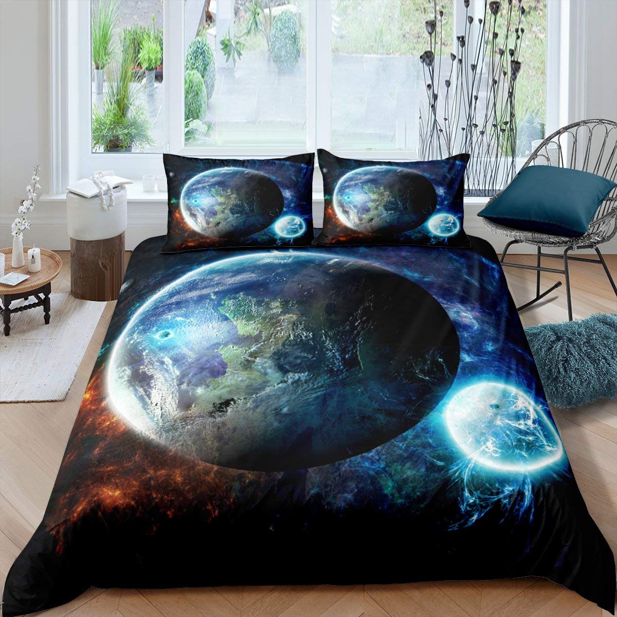Earth Duvet Cover Set King/ Size Galaxy Outer Space Universe Theme
