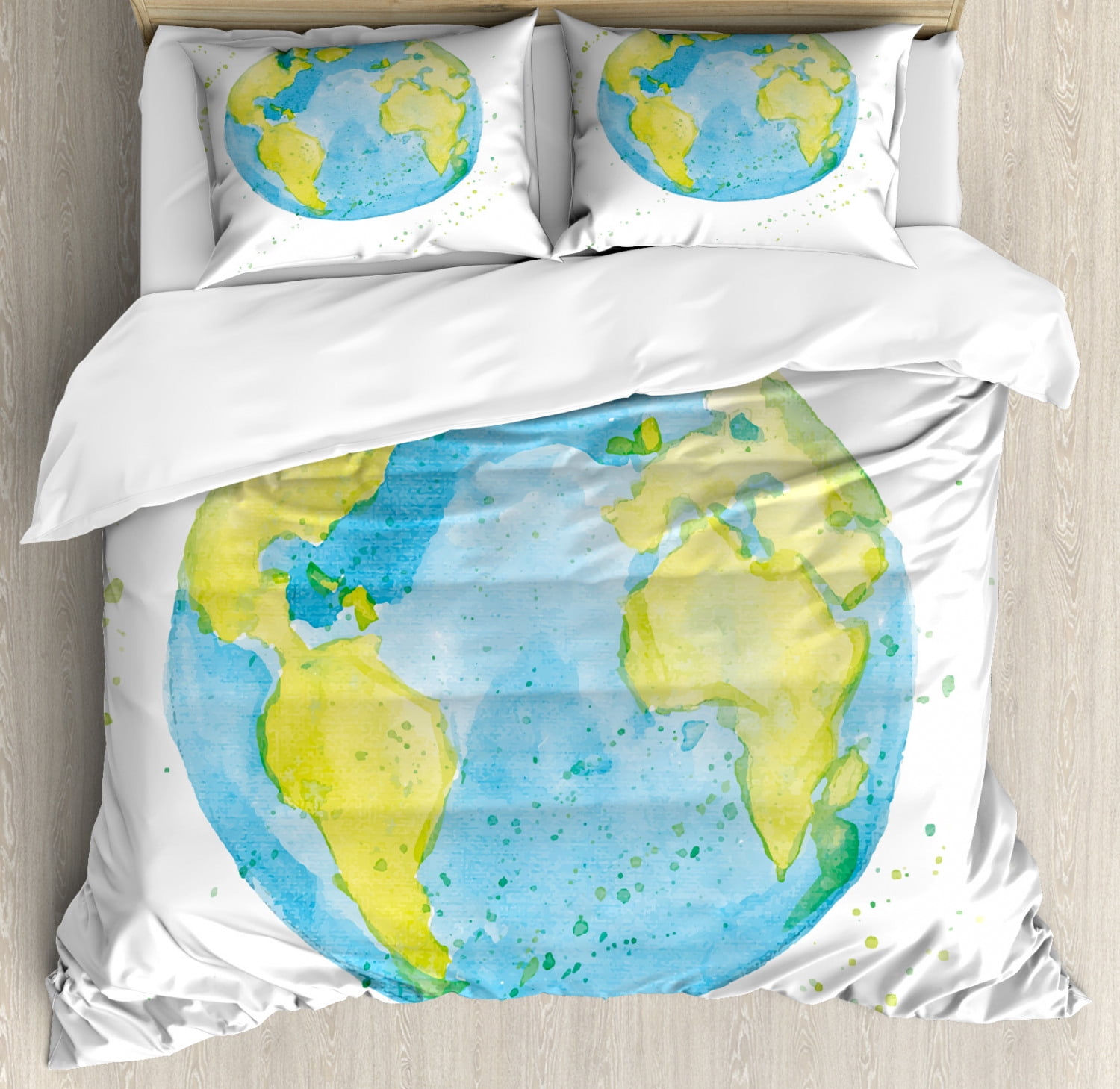Earth Duvet Cover Set King Size, Hand Drawn Watercolor Style Earth Kids ...
