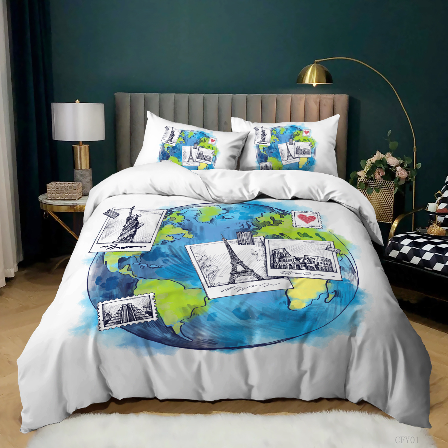 Earth Duvet Cover Set King Size Polyester Blue Globe Print Compass ...