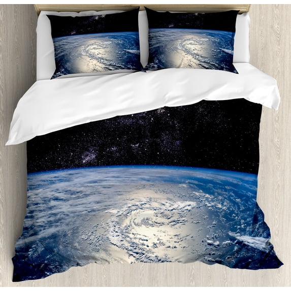 Earth Duvet Cover Set, Majestic Universe Image with Earth and Distant Nebula Clouds Waters, Decorative 3 Piece Bedding Set with 2 Pillow Shams, King Size, Pale Grey Pale Blue, by Ambesonne