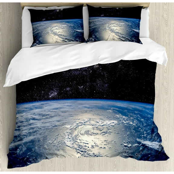Earth Duvet Cover Set, Majestic Universe Image with Earth and Distant Nebula Clouds Waters, Decorative 3 Piece Bedding Set with 2 Pillow Shams, Queen Size, Pale Grey Pale Blue, by Ambesonne