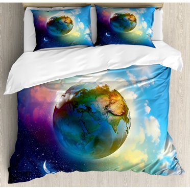 Earth Duvet Cover Set, Earth Outer Space Scene in Vibrant Color Enchanted Cosmos Atmosphere Image Print, Decorative 3 Piece Bedding Set with 2 Pillow Shams, King Size, Blue Violet, by Ambesonne