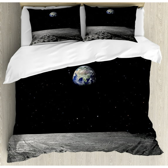 Earth Duvet Cover Set, Planet Earth As Seen from the Moon Outer Space Milky Way Quiet Night Sky Galaxy, Decorative 3 Piece Bedding Set with 2 Pillow Shams, King Size, Black Grey Blue, by Ambesonne