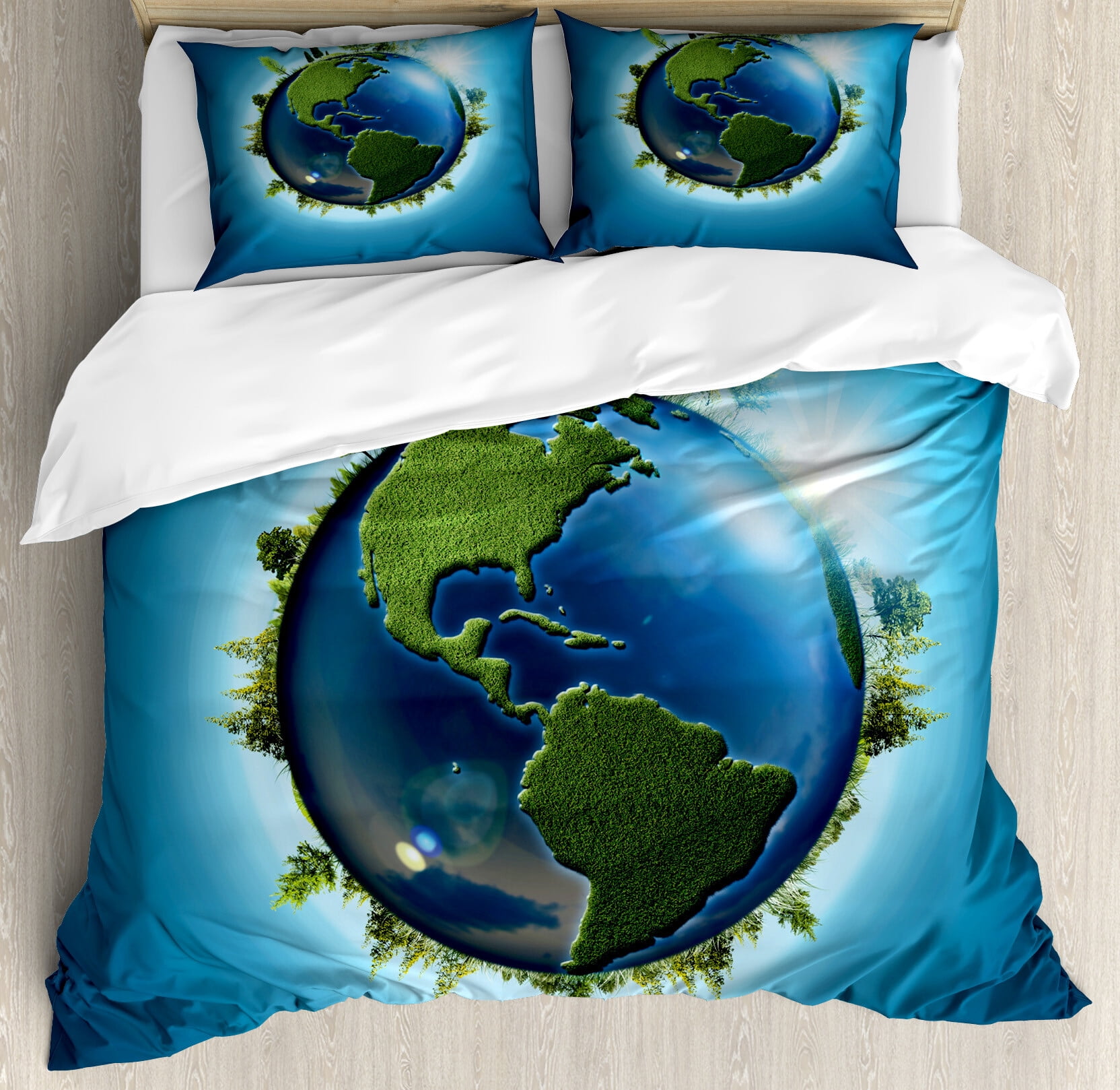 Earth Duvet Cover Set, Planet Covered with Blue Seas and Forest ...