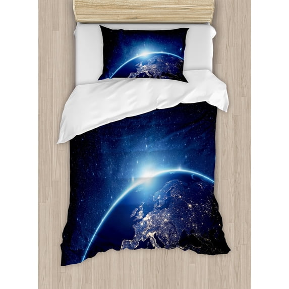 Earth Duvet Cover Set, Planet from the Space at Night Galactic Astronomy Themed Ethereal Interstellar Image, Decorative 2 Piece Bedding Set with 1 Pillow Shams, Twin Size, Dark Blue, by Ambesonne