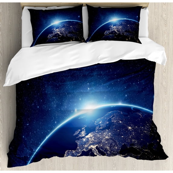Earth Duvet Cover Set, Planet from the Space at Night Galactic Astronomy Themed Ethereal Interstellar Image, Decorative 3 Piece Bedding Set with 2 Pillow Shams, Queen Size, Dark Blue, by Ambesonne