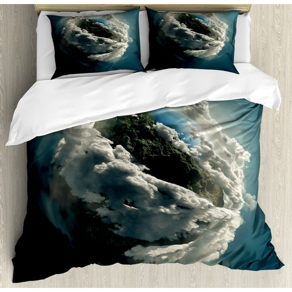 Earth Duvet Cover Set, Planet Surrounded by Majestic Clouds Dramatic Aerial View Earth Environment, Decorative 3 Piece Bedding Set with 2 Pillow Shams, King Size, Petrol Blue White, by Ambesonne