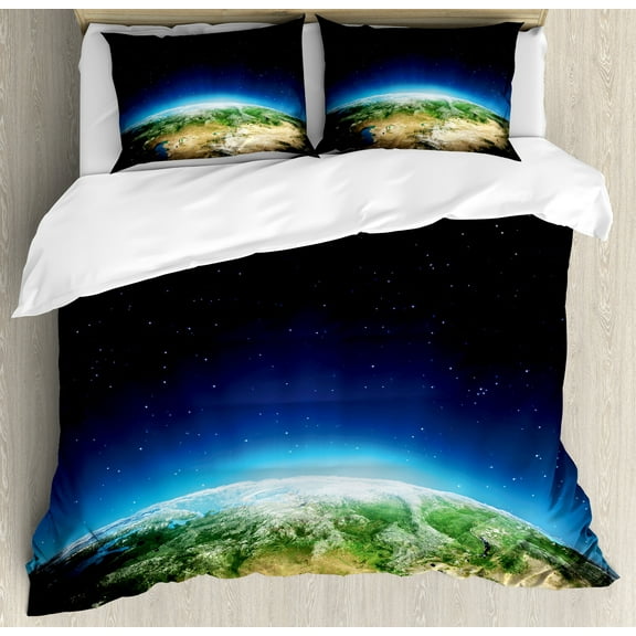 Earth Duvet Cover Set, Russia from the Space Starry Night Sky Vivid Lands Science Cartography, Decorative 3 Piece Bedding Set with 2 Pillow Shams, Queen Size, Blue Green Pale Brown, by Ambesonne