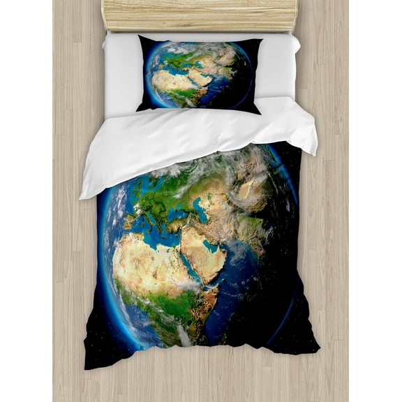Earth Duvet Cover Set, Vivid Earth Globe with Blue Seas Greenery Volumetric Clouds Science Theme, Decorative 2 Piece Bedding Set with 1 Pillow Shams, Twin Size, Blue Green Sand Brown, by Ambesonne