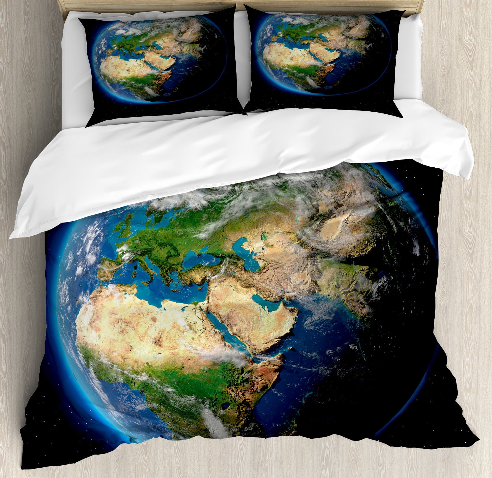 Earth Duvet Cover Set, Vivid Earth Globe with Blue Seas Greenery