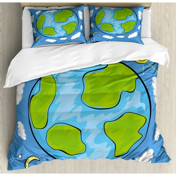 Earth Duvet Cover Set, 's Drawing of the Planet Earth Surrounded with Clouds Day and Night Cycle, Decorative 3 Piece Bedding Set with 2 Pillow Shams, King Size, Blue Green White, by Ambesonne