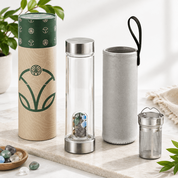 Earth-Earth Crystal Water Bottle with Loose Leaf Tea Infuser and Spiritual Stones