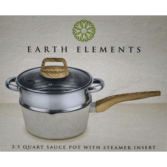 Earth Elements 2.5 Quart Sauce Pot w/ Steamer Insert Cream, Gray Speckle EE20S01