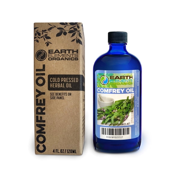Earth Elements Organics Comfrey Oil Raw, Infused in Organic Cold Pressed Sunflower Oil, Herbal Support for Massage, Sore Muscles, Organic Skincare 4 fl. oz.