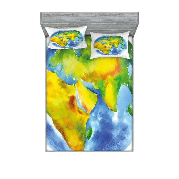 Earth Fitted Sheet & Pillow Sham Set, Globe of Earth Painted in Watercolors Cartography Geography Continents, Decorative 6 Piece Bedding Decor Set, Calking, Pale Blue Green Yellow, by Ambesonne