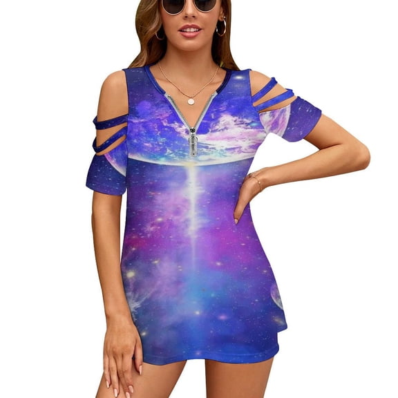 Earth Galaxy Space Womens Summer V Neck Zipper Top Short Sleeve T Shirt Off Shoulder Top Casual Classy Loose Shirts