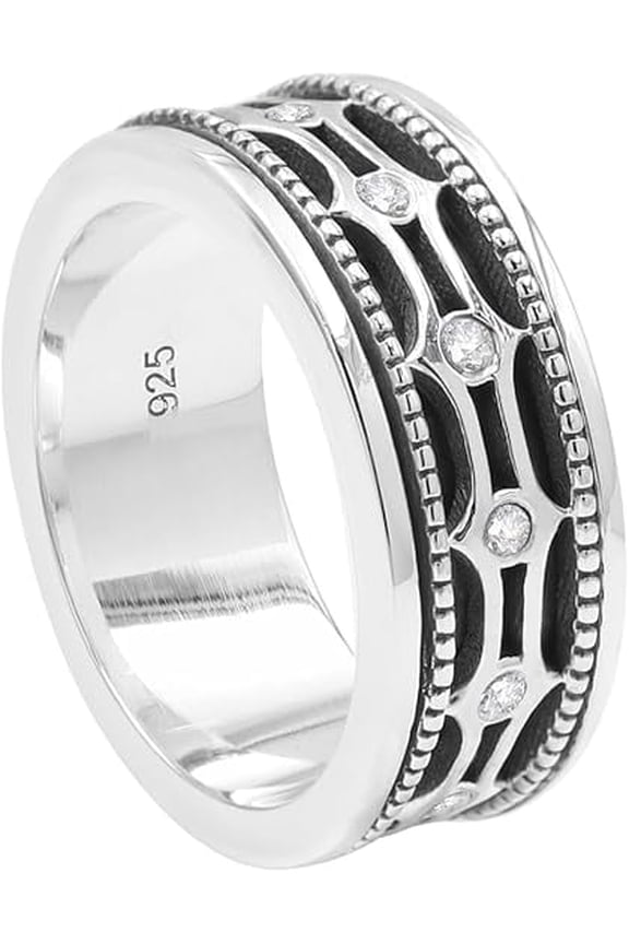 Earth Gems Jewelry 925 Sterling Silver Spinner Ring for Women, Meditation Anxiety Band with Cubic Zirconia Accent