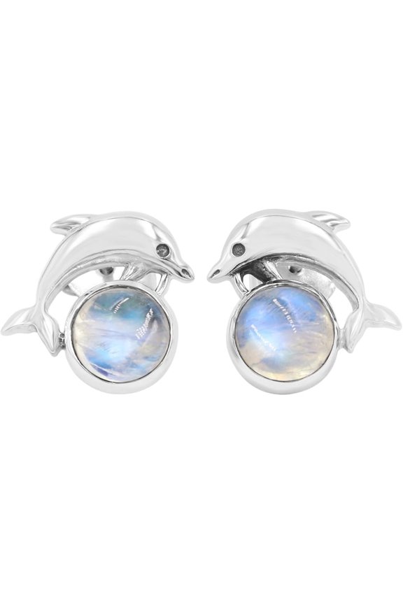 Earth Gems Jewelry Dolphin Stud Earrings with Rainbow Moonstone, Sterling Silver Round Gemstone Animal Jewelry for Women
