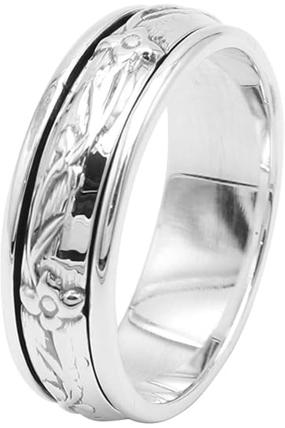 Earth Gems Jewelry Fidget Rings Spinner Ring Anxiety Ring Wedding Band 925 Sterling Silver Flower Jewelry Stress Relief Birthday Gifts