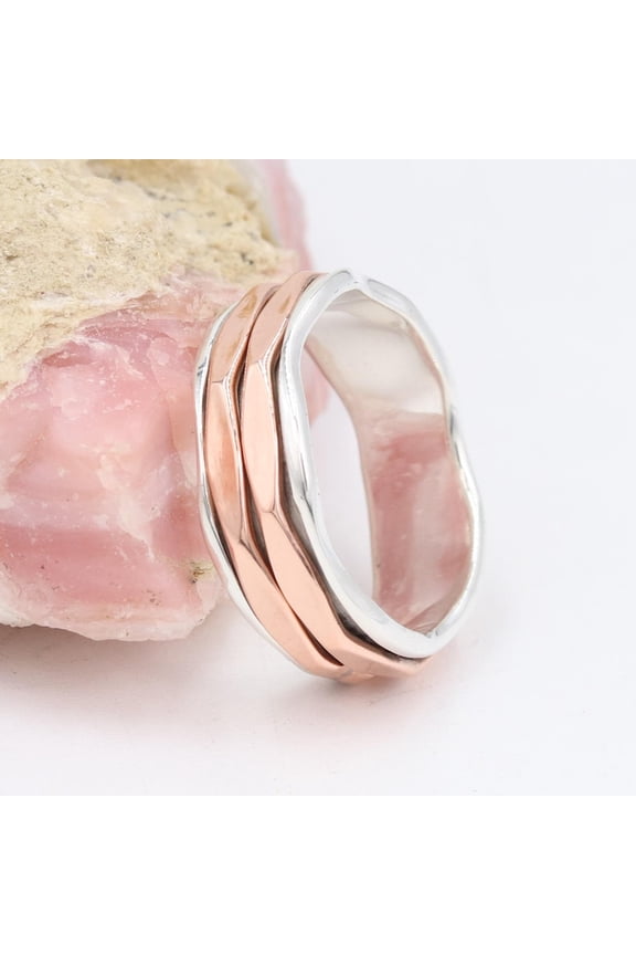 Earth Gems Jewelry Fidget Spinner Ring Sterling Silver Women’s Two-Tone Wave Band Ring