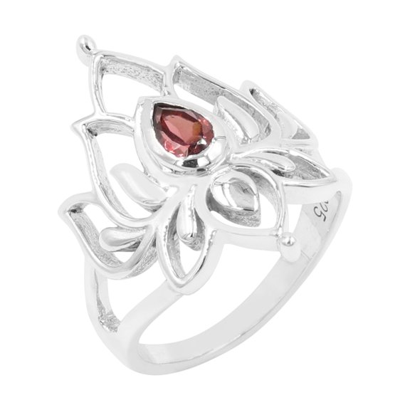 Earth Gems Jewelry Garnet Gemstone Ring Sterling Silver Rings Statement Ring Lotus Design Ring For Women's